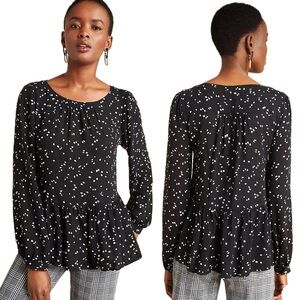 Anthropologie Maeve Cheyenne Polka Dot Peplum Blouse Size XS Black Long Sleeve